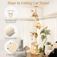 MEWOOFUN Floor-to-Ceiling Cat Tree - 108 Inch Tall Wooden Tower For Large Cats, Multi-Level Climbing & Scratching Post With Perches
