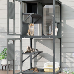 Catio Outdoor Cat Enclosure Window Access, 4 Tiers Cat House With Wheels, Resting Box & Waterproof Roof, Indoor Large Cat House Cage, Gray