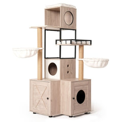 63 Multi-Functional Cat Tree With Litter Box - Includes Removable Washable Cushion, Scratching Posts  Toy Hanger, Modern Design, Rustic Gray