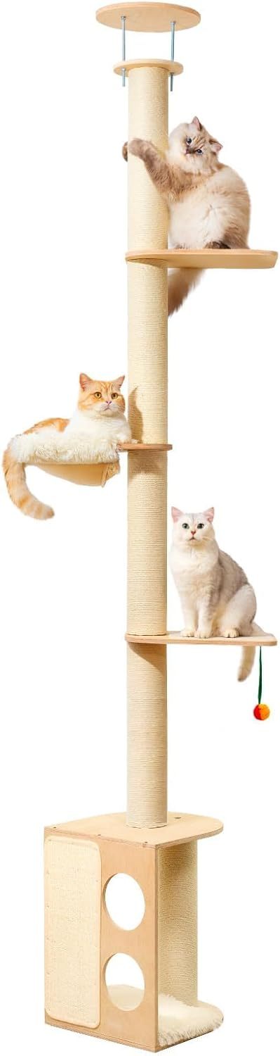 MEWOOFUN Floor-to-Ceiling Cat Tree - 108 Inch Tall Wooden Tower For Large Cats, Multi-Level Climbing & Scratching Post With Perches