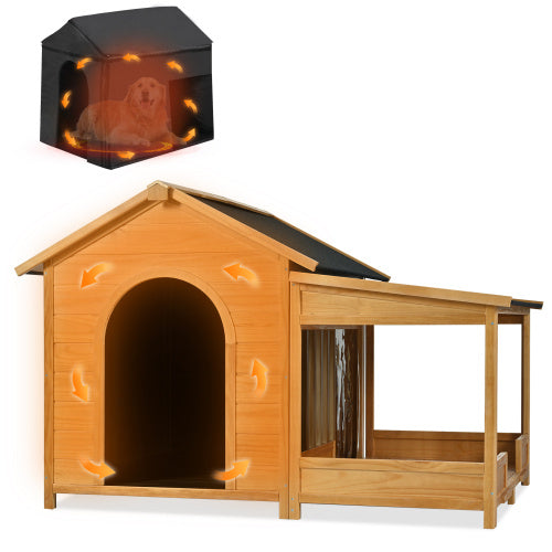 60.2  Large Outdoor Dog House With Insulated Liner For Winter Waterproof Dog Kennel For Medium & Large Dogs, Dog House With Porch And Asphalt Roof And Elevated Floor, Nature