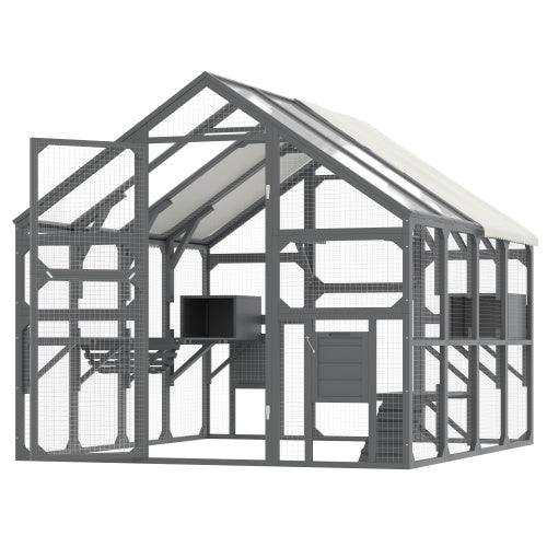 Large Catio Outdoor Cat Enclosure For Multiple Kittens, Wooden Cat House With 5 Platforms, 2 Resting Boxes, 1 Bridge And 1 Ramp, Walk In Kitty Cage Kennel With Sunshine Board Roof, Gray