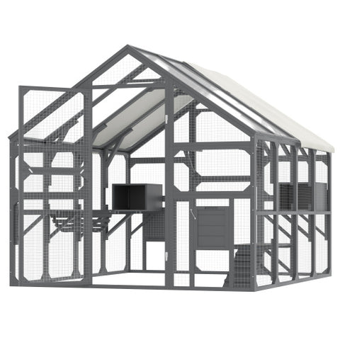Large Catio Outdoor Cat Enclosure For Multiple Kittens, Wooden Cat House With 5 Platforms, 2 Resting Boxes, 1 Bridge And 1 Ramp, Walk In Kitty Cage Kennel With Sunshine Board Roof, Gray