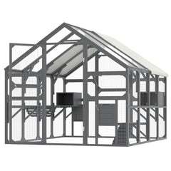 Large Catio Outdoor Cat Enclosure For Multiple Kittens, Wooden Cat House With 5 Platforms, 2 Resting Boxes, 1 Bridge And 1 Ramp, Walk In Kitty Cage Kennel With Sunshine Board Roof, Gray