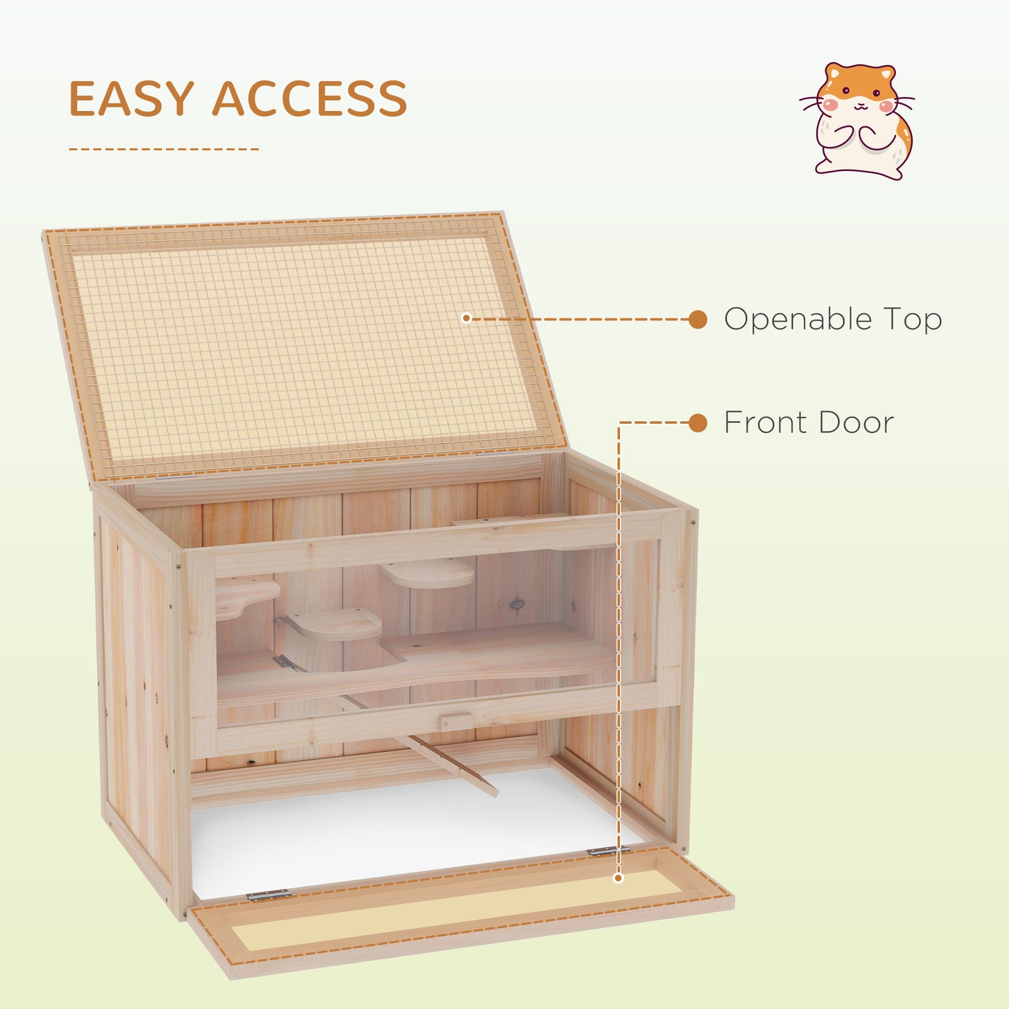 2-Tier Hamster Habitat Openable Top Front Door Shelf Ladder Stable Fir Wood Frame Nature Wood