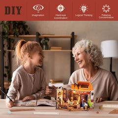 ROBOTIME DIY Miniature House Kit Corner Bookstore, Wooden Dollhouse Model Building Kit With LED For Adults And Children, Birthday Gift DG164