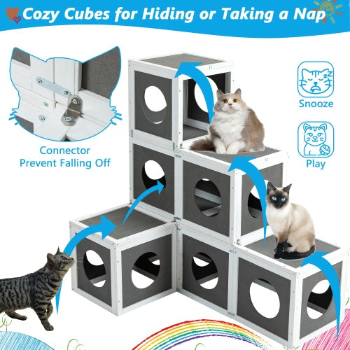 Outdoor Wooden Cat Catio - Large Solid Wood Cat Cage Playpen With 2 Jumping Platforms  7 Napping Houses, Walk-in Cat Kennel Condo Shelter, Grey