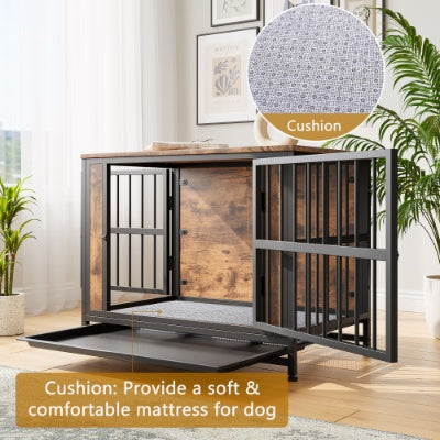 Dog Crate Furniture  Wooden Dog Crate Table 32.8 Dog Kennel With 2 Sliding Doors And Thick Iron Door Frame  Decorative Pet Crate House For Medium Small Dog Indoor Use Rustic Brown