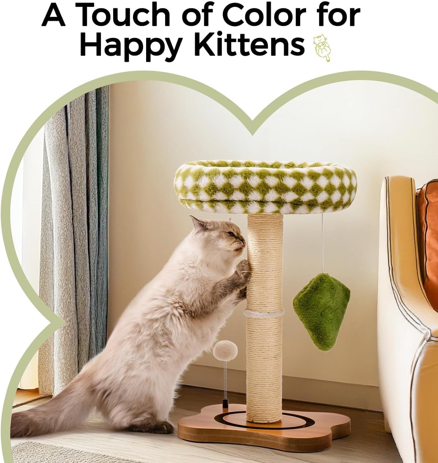 Mewoo Cat Scratching Post & Bed - 2-in-1 Small Cat Tower With Sisal Scratcher And Ball Track Toys Green, Medium