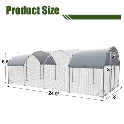 Large Metal Chicken Coop Upgrade Three Support Steel Wire Impregnated Plastic Net Cage, Oxford Cloth Silver Plated Waterproof UV Protection, Duck Rabbit Sheep Bird Outdoor House 9.2'W X 24.9'L X 6.5'H