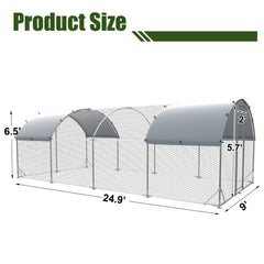 Large Metal Chicken Coop Upgrade Three Support Steel Wire Impregnated Plastic Net Cage, Oxford Cloth Silver Plated Waterproof UV Protection, Duck Rabbit Sheep Bird Outdoor House 9.2'W X 24.9'L X 6.5'H