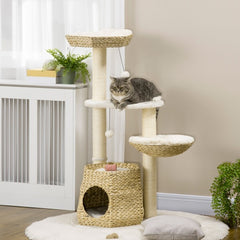 PawHut 47 Cat Tree Kitty Activity Center, Cat Climbing Toy With Cattail Fluff, Bed, Condo, Sisal Scratching Post, And Hanging Ball, Natural