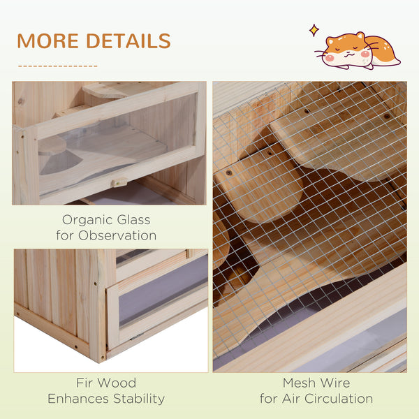 2-Tier Hamster Habitat Openable Top Front Door Shelf Ladder Stable Fir Wood Frame Nature Wood