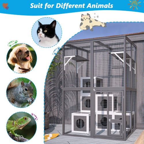 Outdoor Wooden Cat Catio - Large Solid Wood Cat Cage Playpen With 2 Jumping Platforms  7 Napping Houses, Walk-in Cat Kennel Condo Shelter, Grey