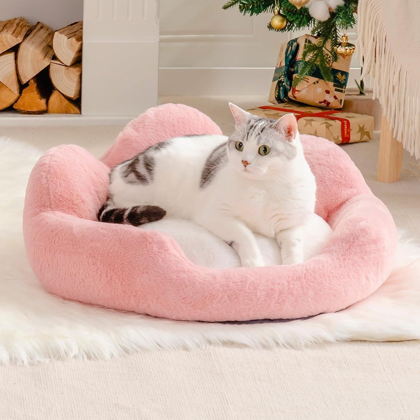 MEWOOFUN Fluffy Cat Couch Bed - Washable Round Pet Sofa With Non-Slip Bottom For Indoor Cats & Small Dogs 23'', Pink