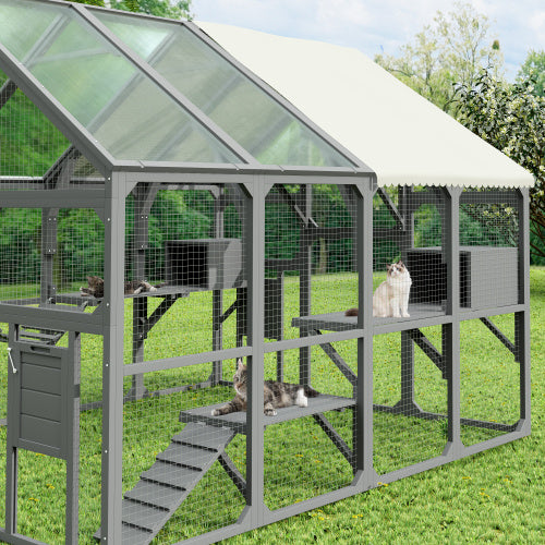 Large Catio Outdoor Cat Enclosure For Multiple Kittens, Wooden Cat House With 5 Platforms, 2 Resting Boxes, 1 Bridge And 1 Ramp, Walk In Kitty Cage Kennel With Sunshine Board Roof, Gray