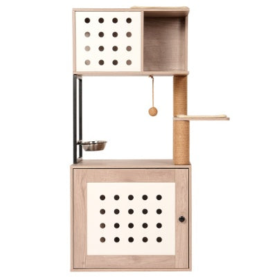 Cat Tree With Litter Box Enclosure, Allinone Cat Tower For Indoor Cats With Large Hammock, Bed, Food Station, Scratching Posts, Modern Style Pet Furniture, Gray White