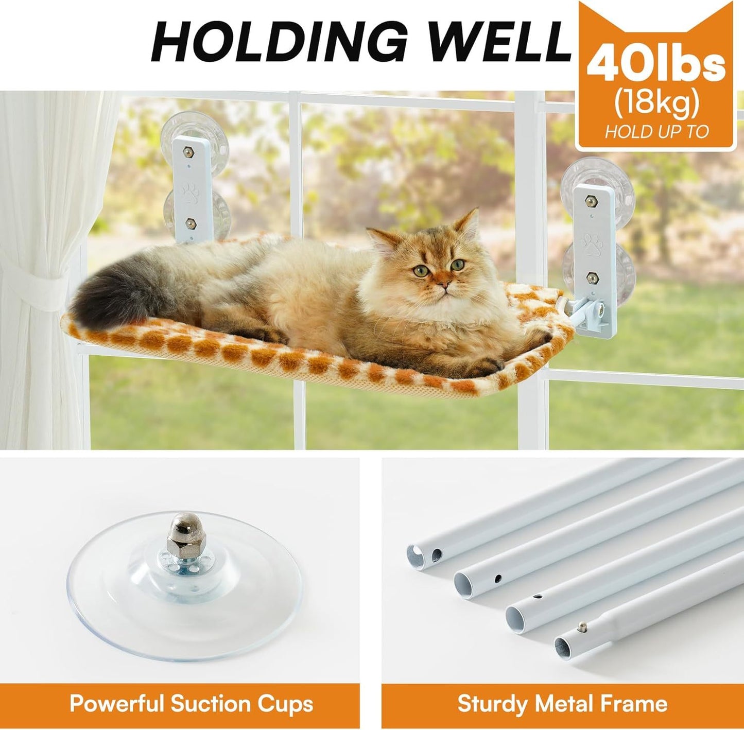 MEWOOFUN Cat Window Hammock - Steel Frame Perch With Strong Suction Cups For Indoor Cats Brown, Medium