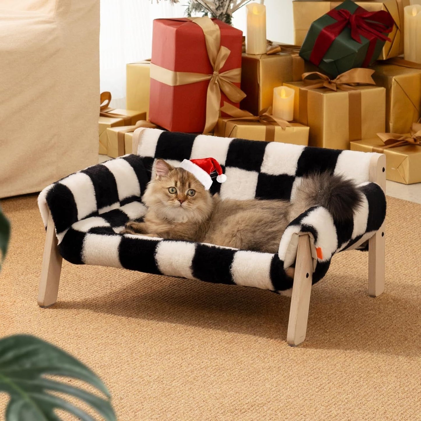 MEWOOFUN Raised Cat Bed With Wooden Legs - Sturdy Cat Sofa Holds 15kg, 56x45cm Soft Checkerboard Couch With Removable Washable Cover For Indoor Cats & Kittens
