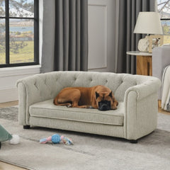 Pet Sofa With Arc-shaped Backrest And Armrests, Contemporary Rectangular Pet Sofa Crafted From Breathable Linen Cozy Soft Cushion Dog Sofa