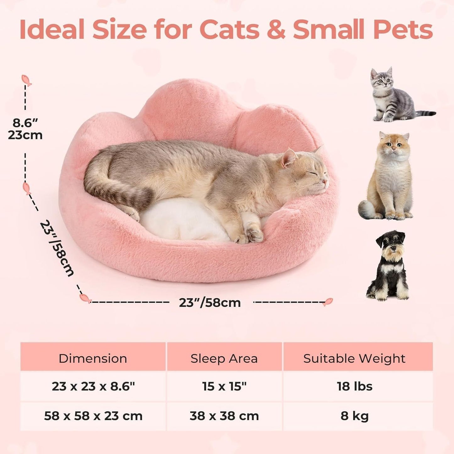 MEWOOFUN Fluffy Cat Couch Bed - Washable Round Pet Sofa With Non-Slip Bottom For Indoor Cats & Small Dogs 23'', Pink