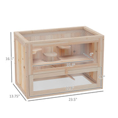 2-Tier Hamster Habitat Openable Top Front Door Shelf Ladder Stable Fir Wood Frame Nature Wood
