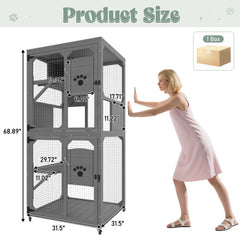 Catio Outdoor Cat Enclosure Window Access, 4 Tiers Cat House With Wheels, Resting Box & Waterproof Roof, Indoor Large Cat House Cage, Gray