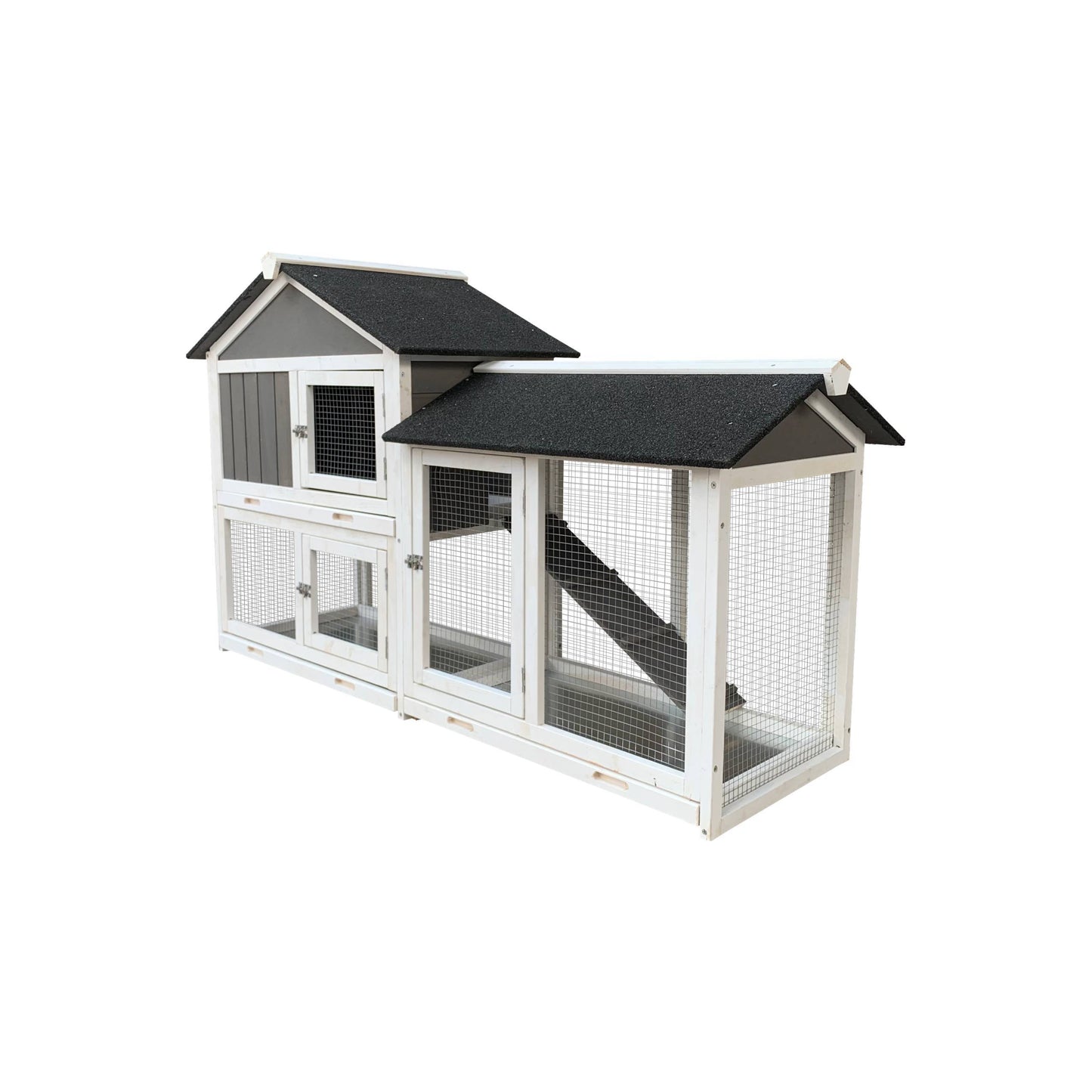 Removable Tray Ramp Wooden Outdoor Rabbit Hutch With Running Cage