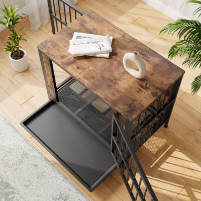 Dog Crate Furniture  Wooden Dog Crate Table 32.8 Dog Kennel With 2 Sliding Doors And Thick Iron Door Frame  Decorative Pet Crate House For Medium Small Dog Indoor Use Rustic Brown