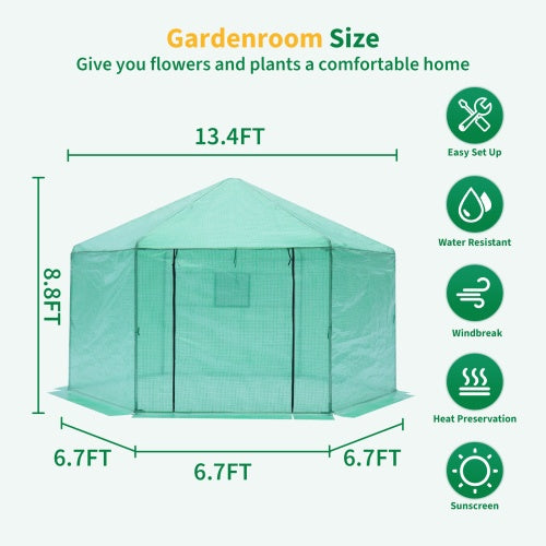 Walk-in Greenhouse Hexagonal Upgrade Reinforced Frame Heavy Duty Plastic Greenhouse Reinforced Thickened Waterproof Insulation 13.1x8.6 Ft
