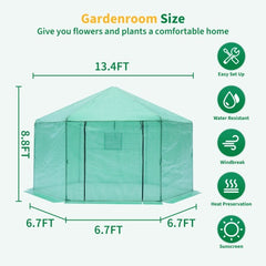 Walk-in Greenhouse Hexagonal Upgrade Reinforced Frame Heavy Duty Plastic Greenhouse Reinforced Thickened Waterproof Insulation 13.1x8.6 Ft