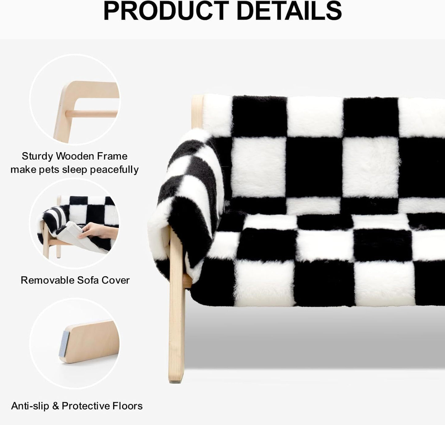 MEWOOFUN Raised Cat Bed With Wooden Legs - Sturdy Cat Sofa Holds 15kg, 56x45cm Soft Checkerboard Couch With Removable Washable Cover For Indoor Cats & Kittens