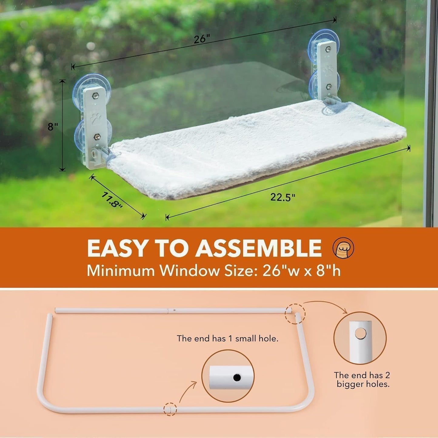 MEWOOFUN Large Cat Window Perch - Foldable 60x30cm Hammock With 18kg Suction Cups & Washable Cover For Indoor Cats Grey