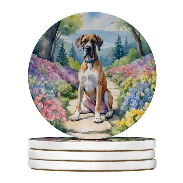 Silky Terrier Spring Path Large Sandstone Coasters Pack Of 4 Absorbent Round Coasters Decor Gifts For Men Or Women, 4 In, Multicolor