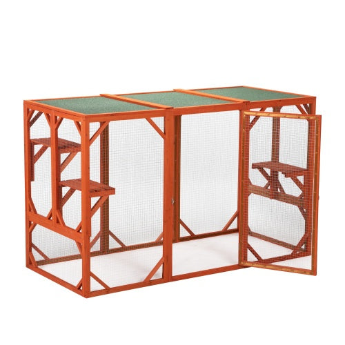 Wooden Cat House, Outdoor Cat Cage With Waterproof Asphalt Board And Cat Habitat, Orange