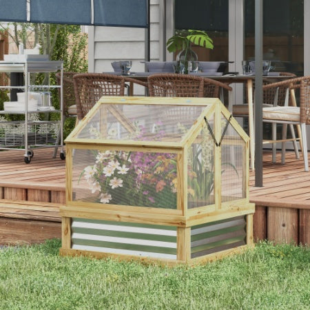 Outsunny Raised Garden Bed With Polycarbonate Greenhouse, Garden Wooden Cold Frame Greenhouse Flower Planter Protection, Peak Roof, 35.5x 31.5 X 36, Natural