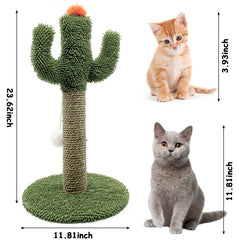 Cactus Cat Climbing Tree 2-in-1 - Solid Wood Base Natural Sisal Scratching Pillar With Hanging Ball Toy, Indoor Cat Multi-level Activity Center