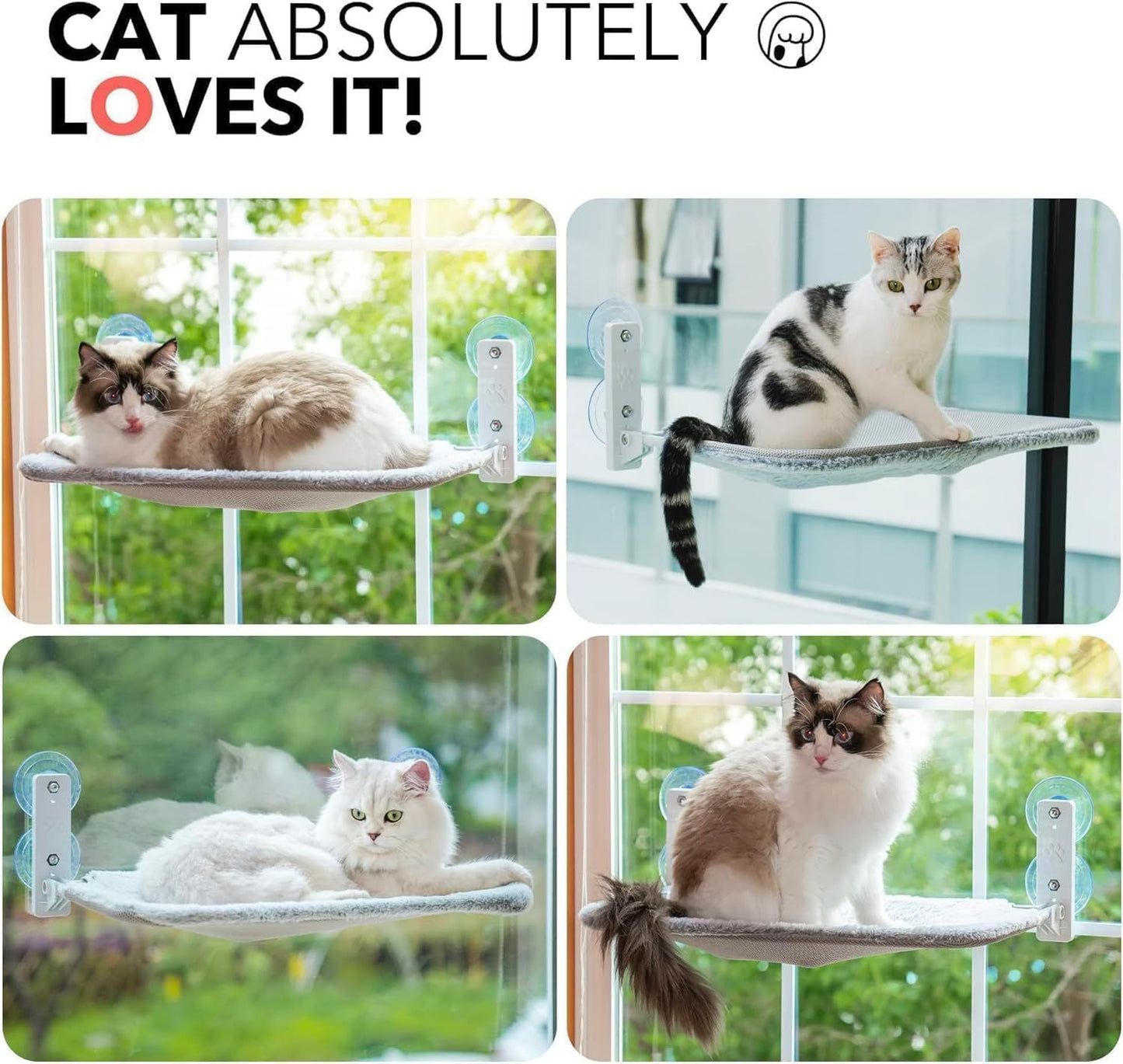 MEWOOFUN Large Cat Window Perch - Foldable 60x30cm Hammock With 18kg Suction Cups & Washable Cover For Indoor Cats Grey