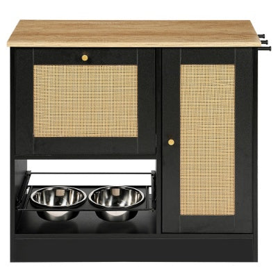 Feeding Station With 2 Lockers, Pet Feeding Station With 2 Elevated Dog Bowls, Side Hooks, Anti-tipping Kit, Hidden Pet Feeding Station For Feeding And Watering, Rattan Door, Black