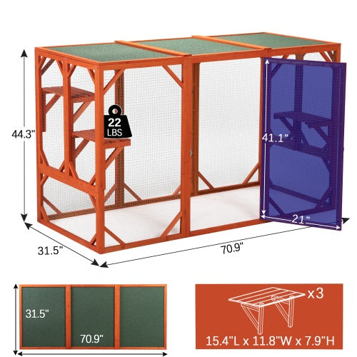 Wooden Cat House, Outdoor Cat Cage With Waterproof Asphalt Board And Cat Habitat, Orange