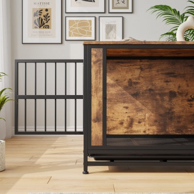 Dog Crate Furniture  Wooden Dog Crate Table 32.8 Dog Kennel With 2 Sliding Doors And Thick Iron Door Frame  Decorative Pet Crate House For Medium Small Dog Indoor Use Rustic Brown