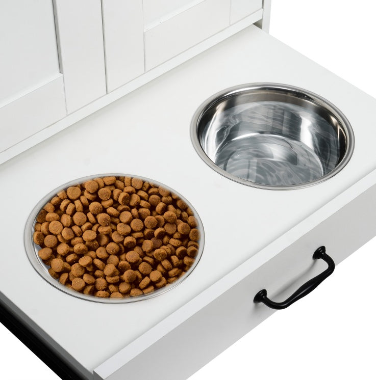 Dog Feeding Station, Dog Food Storage Cabinet With Hidden Dog Bowls, Adjustable Panel, Hooks, For Medium Sized Dogs, White