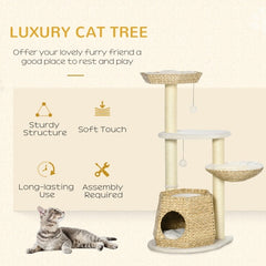 PawHut 47 Cat Tree Kitty Activity Center, Cat Climbing Toy With Cattail Fluff, Bed, Condo, Sisal Scratching Post, And Hanging Ball, Natural