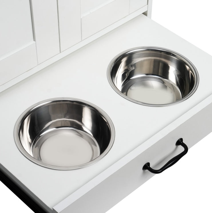 Dog Feeding Station, Dog Food Storage Cabinet With Hidden Dog Bowls, Adjustable Panel, Hooks, For Medium Sized Dogs, White
