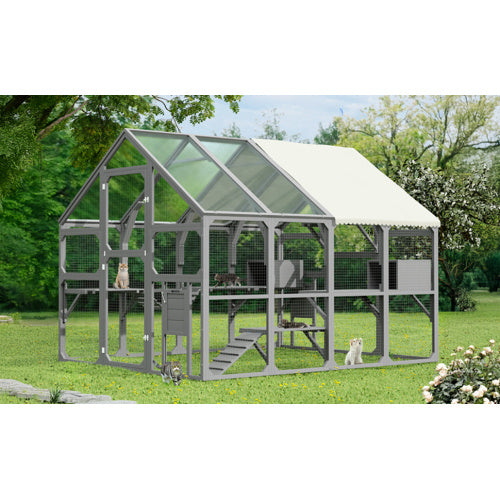 Large Catio Outdoor Cat Enclosure For Multiple Kittens, Wooden Cat House With 5 Platforms, 2 Resting Boxes, 1 Bridge And 1 Ramp, Walk In Kitty Cage Kennel With Sunshine Board Roof, Gray