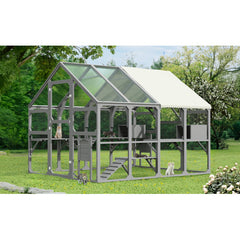 Large Catio Outdoor Cat Enclosure For Multiple Kittens, Wooden Cat House With 5 Platforms, 2 Resting Boxes, 1 Bridge And 1 Ramp, Walk In Kitty Cage Kennel With Sunshine Board Roof, Gray