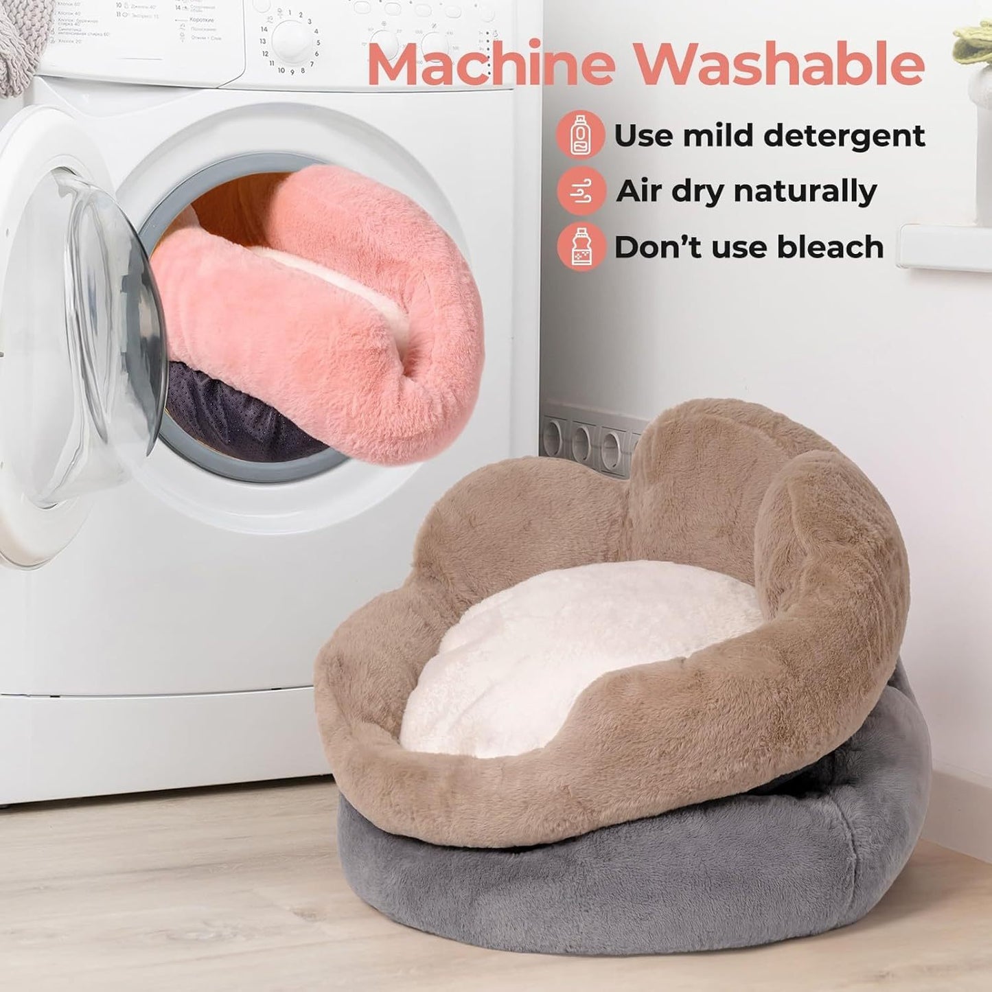 MEWOOFUN Fluffy Cat Couch Bed - Washable Round Pet Sofa With Non-Slip Bottom For Indoor Cats & Small Dogs 23'', Pink