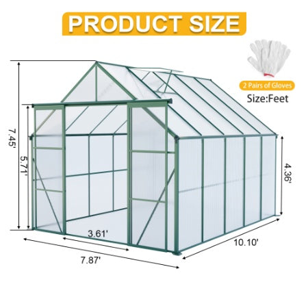 8x10FT Double Door Polycarbonate Greenhouse Raised Base And Anchor Aluminum Heavy Duty Walk-in Greenhouses For Outdoor Backyard In All Season