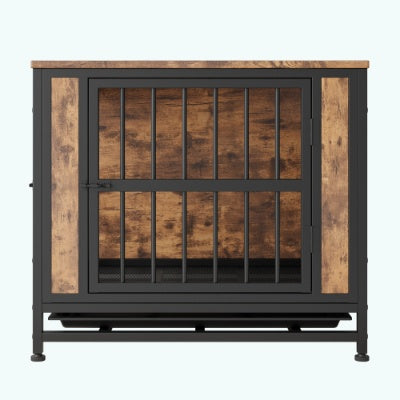 Dog Crate Furniture, Wooden Dog Crate Table, 27.48  Dog Kennel With 2 Sliding Doors And Thick Iron Door Frame, Decorative Pet Crate House For Small Dog Indoor Use Rustic Brown