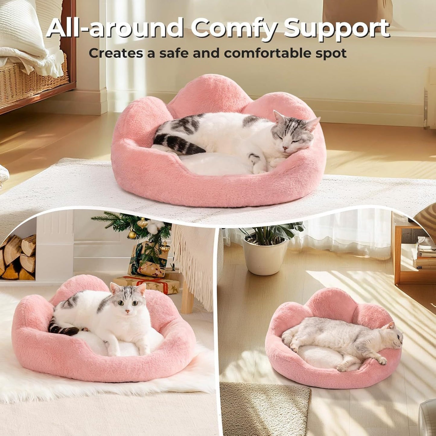 MEWOOFUN Fluffy Cat Couch Bed - Washable Round Pet Sofa With Non-Slip Bottom For Indoor Cats & Small Dogs 23'', Pink